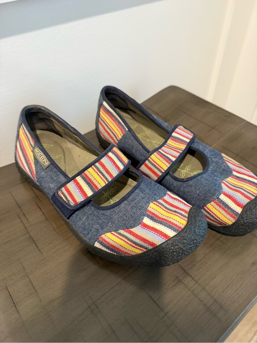 KEEN Navy Mary-Jane Flats with Multicolor Stripe Accents